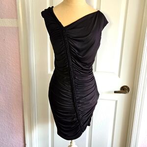 Va Va Voom‎ Black Ruched Dress Vintage Bodycon Size L Asymmetrical Party 90s New